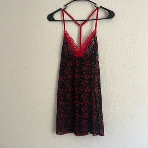 Red and black lace slip dress